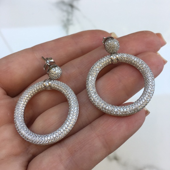 14k white gold diamond pave earrings stud hoops - Picture 7 of 8